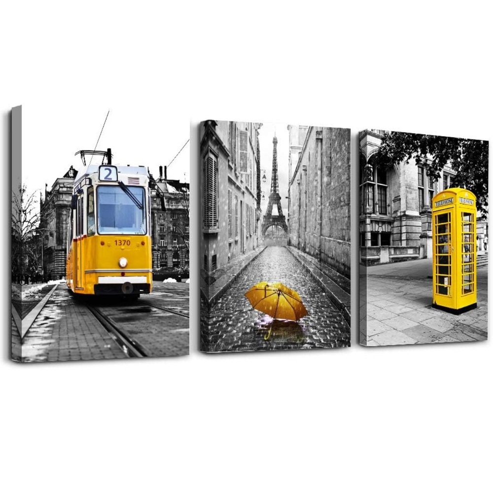 Yellow Umbrella Canvas Art Trio